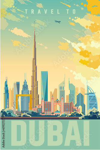 Dubai city landmark vector retro poster design