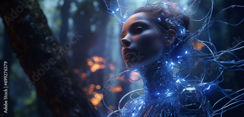 A cyborg amidst holographic trees, illuminated wires mimicking roots connecting to a cybernetic ecosystem.