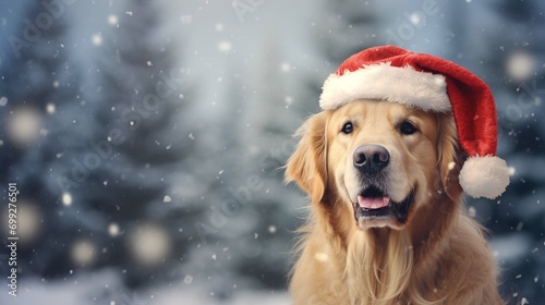 Cute golden retriever dog wearing Christmas red Santa Claus hat in snow falling sky scene
