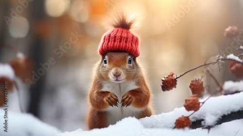  Cute squirrel in a knitted hat on a snowy morning