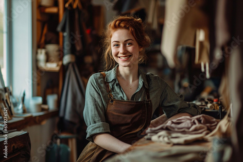 Young smiling Kankasian woman, fashion designer and stylist in her atelier © Iulia