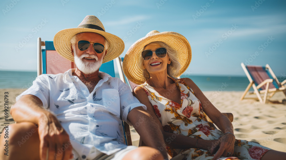 Happy senior couple at the seaside on vacation having fun