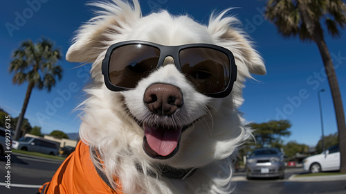 Funny white dog in sunglasses, palms and blue sky on the background