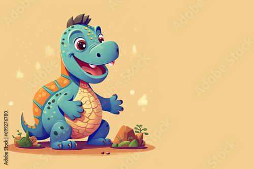Cartoon baby dinosaur on a yellow background with copy space