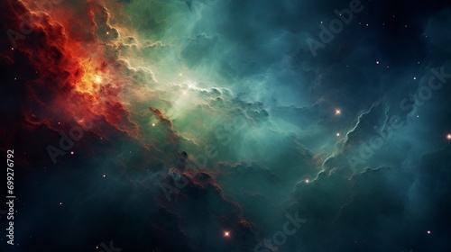 Green and red color tones of outer space galaxy, supernova nebula background