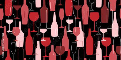 Seamless pattern with silhouettes of bottles and glasses. Abstract simple print. Vector graphics.