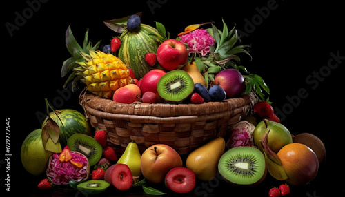 Freshness of fruit basket pineapple, apple, grape, kiwi, orange, strawberry, banana, peach, grapefruit generated by AI