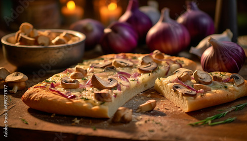 Homemade gourmet pizza baked on wood table, fresh ingredients, rustic generated by AI