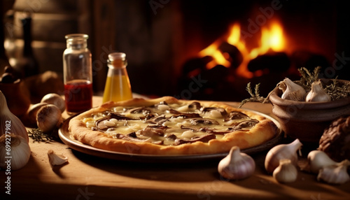 Rustic wood table, homemade pizza, fresh ingredients, Italian culture, gourmet generated by AI © Stockgiu