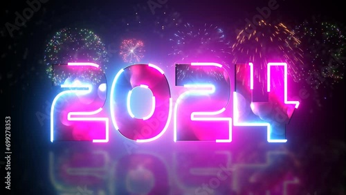 2024 Happy New Year, neon particles on dark blue background.