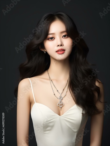 Portrait of beautiful young Korean woman with long black wavy hair, wearing white dress and diamond necklace, isolated black background, AI Generative