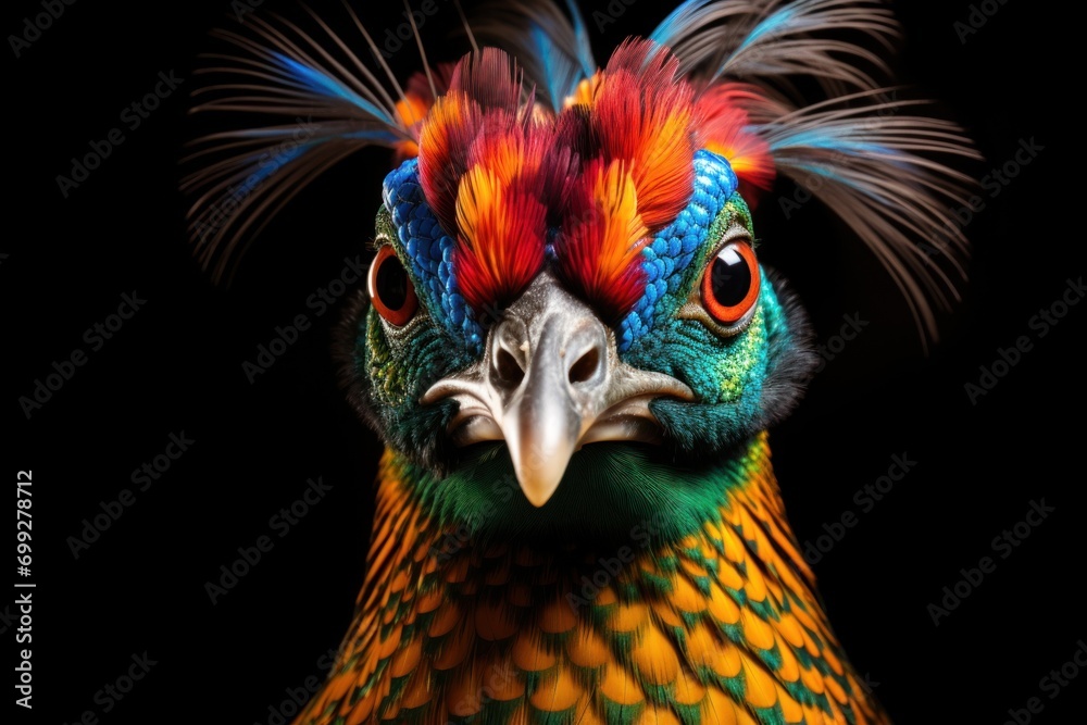 Close up of a pheasant looking at camera isolated on black