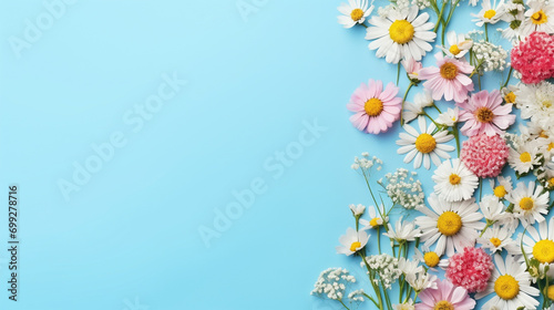 Wildflowers in a picturesque flat lay on pastel blue, perfect for your text with extra copy space. © AB malik