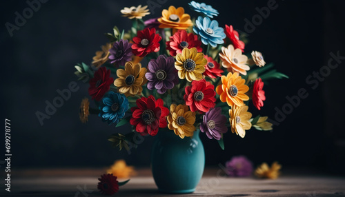 Vase holds bouquet of multi colored flowers, bringing freshness and romance generated by AI