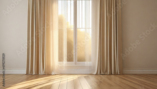 Sunlit window with billowing white curtain against beige wallpaper, evoking serenity and warmth photo