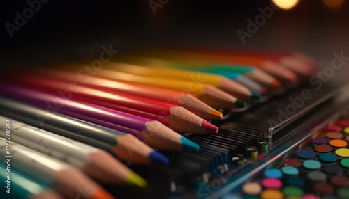 A vibrant rainbow of colors on a wooden pencil background generated by AI