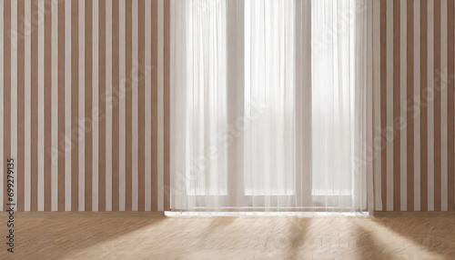 Sunlit window with billowing white curtain against beige wallpaper, evoking serenity and warmth © Your Hand Please