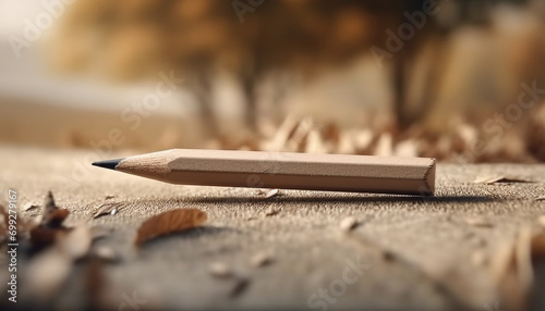 Wooden pencil on table, paper background, creative education in nature generated by AI