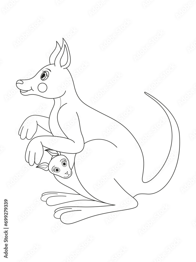 Coloring pages. Mother kangaroo with her little cute baby.