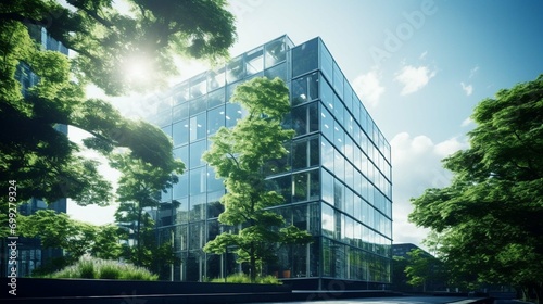 sustainable glass office building with tree for reducing carbon dioxide