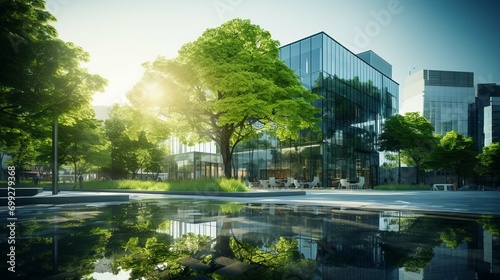 sustainable glass office building with tree for reducing carbon dioxide © sania