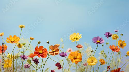 Captivating marigolds and cosmos in radiant colors on serene pastel blue, featuring significant copy space. © AB malik