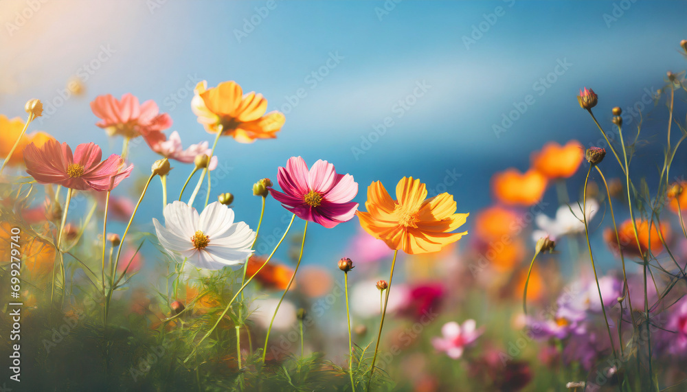 Vibrant multicolored cosmos flowers bloom in a sunlit meadow against a clear blue sky, representing the beauty of nature in spring