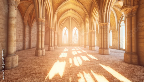 Gothic abbey, ancient corridor, illuminated chapel, French culture, medieval history generated by AI