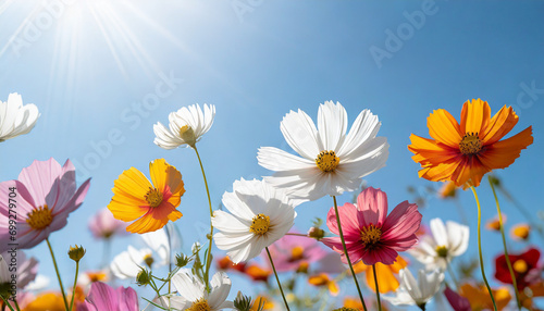 Vibrant multicolored cosmos flowers bloom in a sunlit meadow against a clear blue sky  representing the beauty of nature in spring