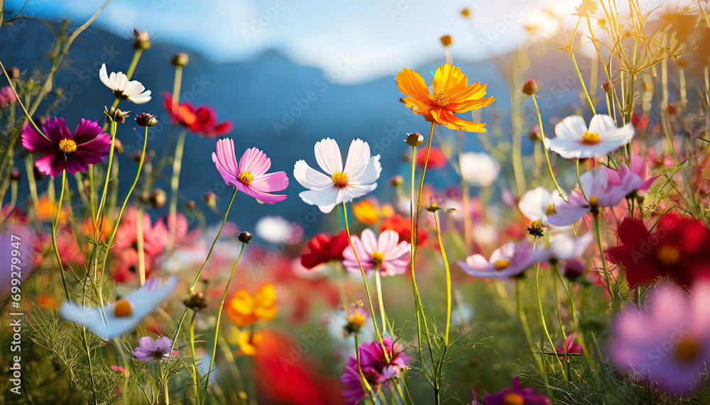 Vibrant multicolored cosmos flowers bloom in a sunlit meadow against a clear blue sky, representing the beauty of nature in spring