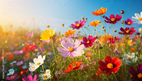 Vibrant multicolored cosmos flowers bloom in a sunlit meadow against a clear blue sky  representing the beauty of nature in spring