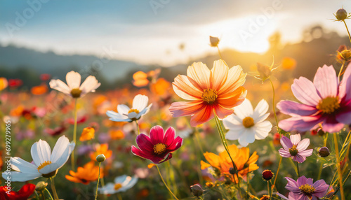 Vibrant multicolored cosmos flowers bloom in a sunlit meadow against a clear blue sky, representing the beauty of nature in spring © Your Hand Please