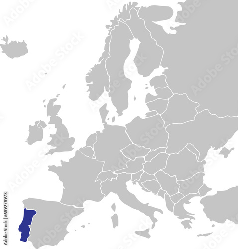 Blue CMYK national map of PORTUGAL inside simplified gray blank political map of European continent on transparent background using Mercator projection