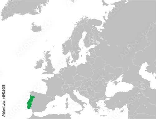 Green CMYK national map of PORTUGAL inside detailed gray blank political map of European continent with lakes on transparent background using Mercator projection