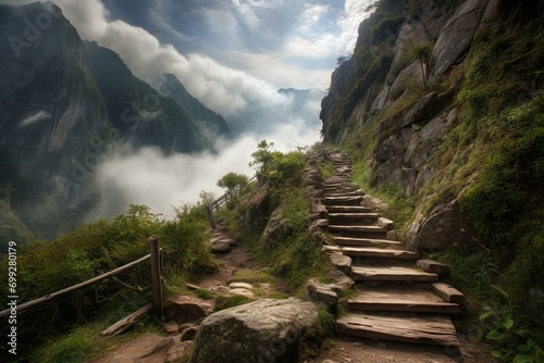 Mountainous stairway leads to the heavens. Generative AI © Eirene