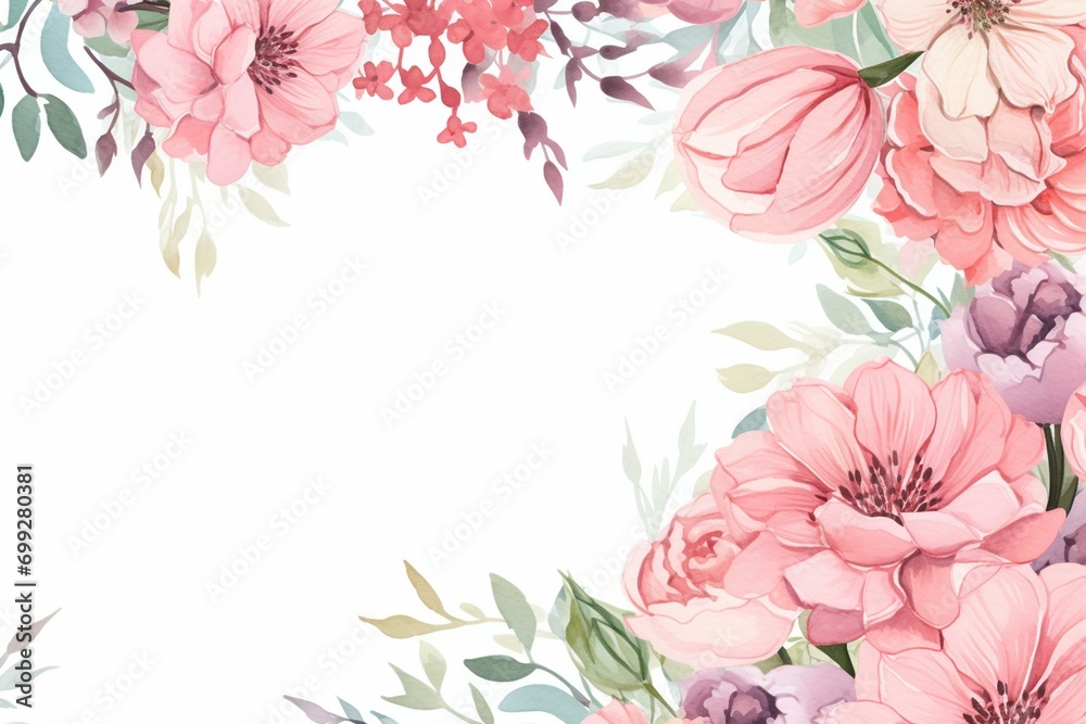 Card template featuring beautiful watercolor flowers. Generative AI