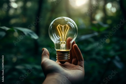  Hand holding light bulb against nature on green leaf with energy sources