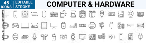 Computer and Hardware line web icons. PC, such as RAM memory, hdd, ssd cpu processor. Keyboard mouse headphone speakers, laptop monitor server. Webcam, printer. Editable stroke.