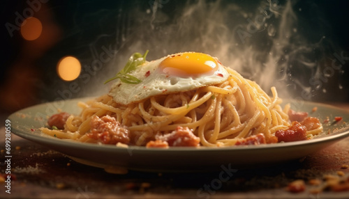 Fresh pasta cooked with tomato sauce, parmesan cheese on wooden plate generated by AI