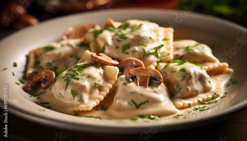 Freshness and gourmet meal homemade vegetarian ravioli with edible mushroom sauce generated by AI