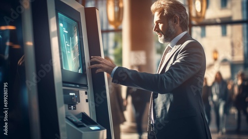 Man interacting with his hands using an atm at the bank on a sunny day