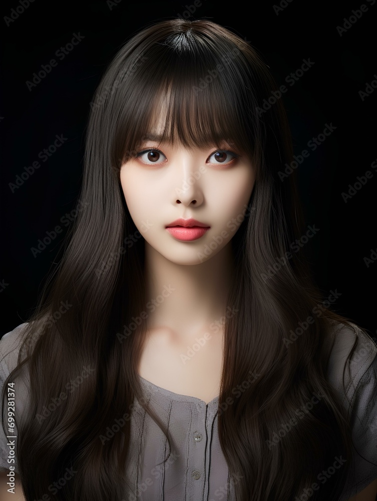 Portrait of beautiful young Korean woman with long straight hair with soft bangs, AI Generative Portrait of beautiful young Korean woman with long straight hair with soft bangs, AI Generative