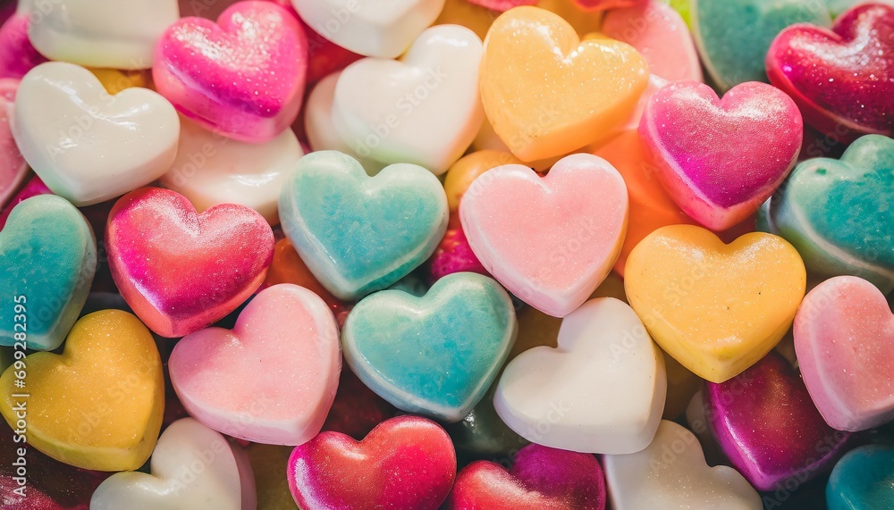 Colorful heart shaped candies and sweets for valentine's day - obrazy, fototapety, plakaty 