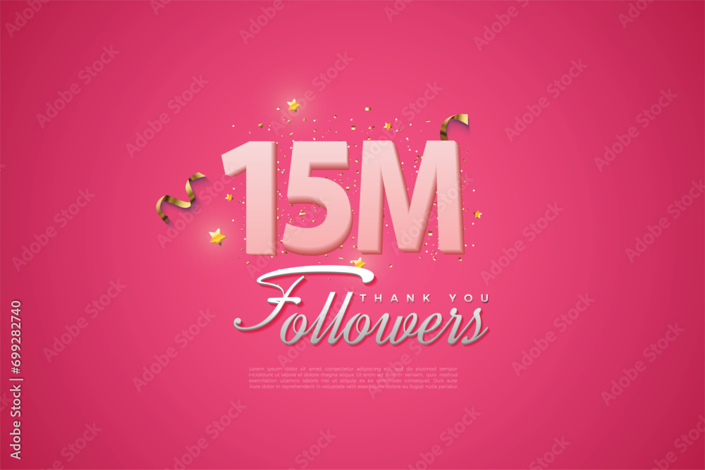 15000 followers card light Pink 15M celebration on Pink background, Thank you followers, 15M online social media achievement poster,