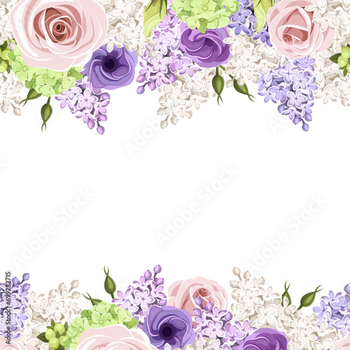 Horizontal seamless border with pink, purple, and white roses, lisianthus flowers, and lilac flowers. Vector floral background