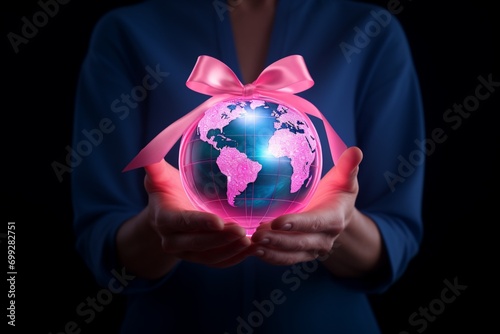 A pair of hands gently holding a globe with a pink ribbon wrapped around it  depicting global unity and care.