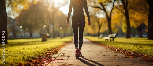 Back view of a woman wearing leggings and walking down a park street