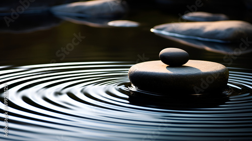 Stacked Zen stones in water, creating a ripple effect in a peaceful garden setting.