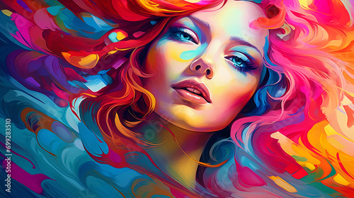 Abstract background with bright colors on which a portrait of a girl is allocated