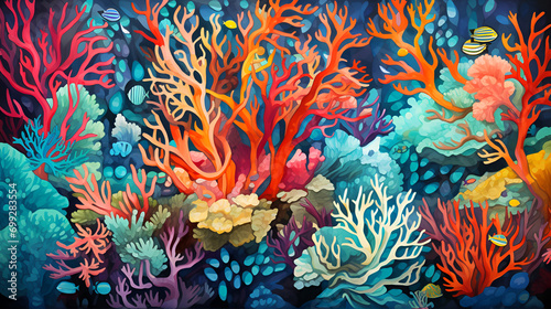 Artistic underwater painting bursting with vibrant corals and marine life, evoking oceanic wonder.